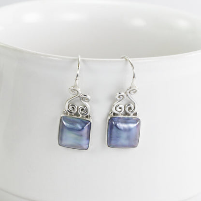 Square Pearl Earrings 925 sterling silver decorated with swirl filigree wire hoop, blue mabe earrings for women