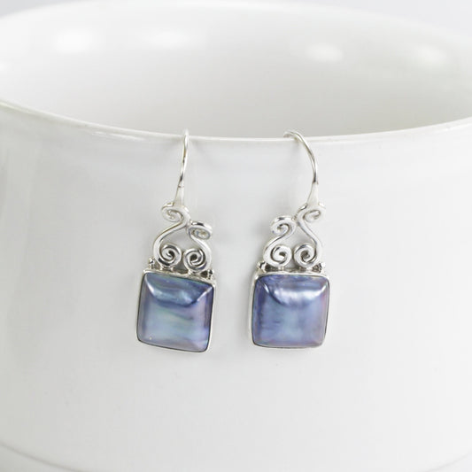 Square Pearl Earrings 925 sterling silver decorated with swirl filigree wire hoop, blue mabe earrings for women