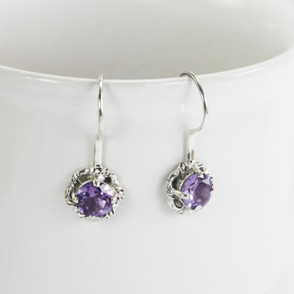Blue Topaz Earrings dangle 925 sterling silver 7 mm round drop decorated with rope cable edge