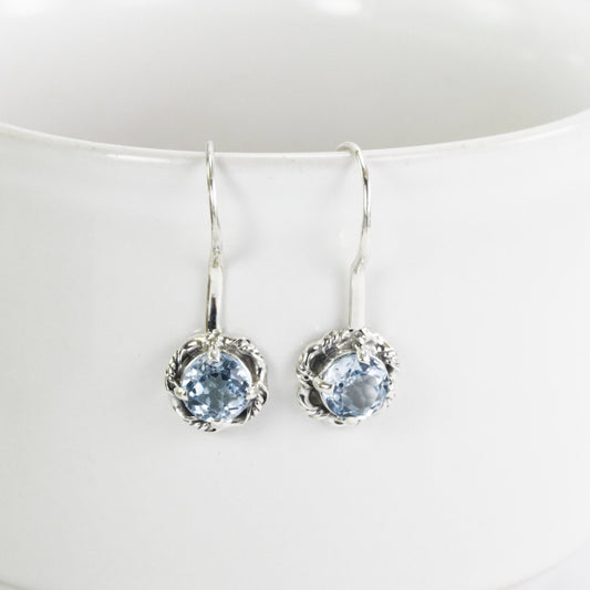 Blue Topaz Earrings dangle 925 sterling silver 7 mm round drop decorated with rope cable edge