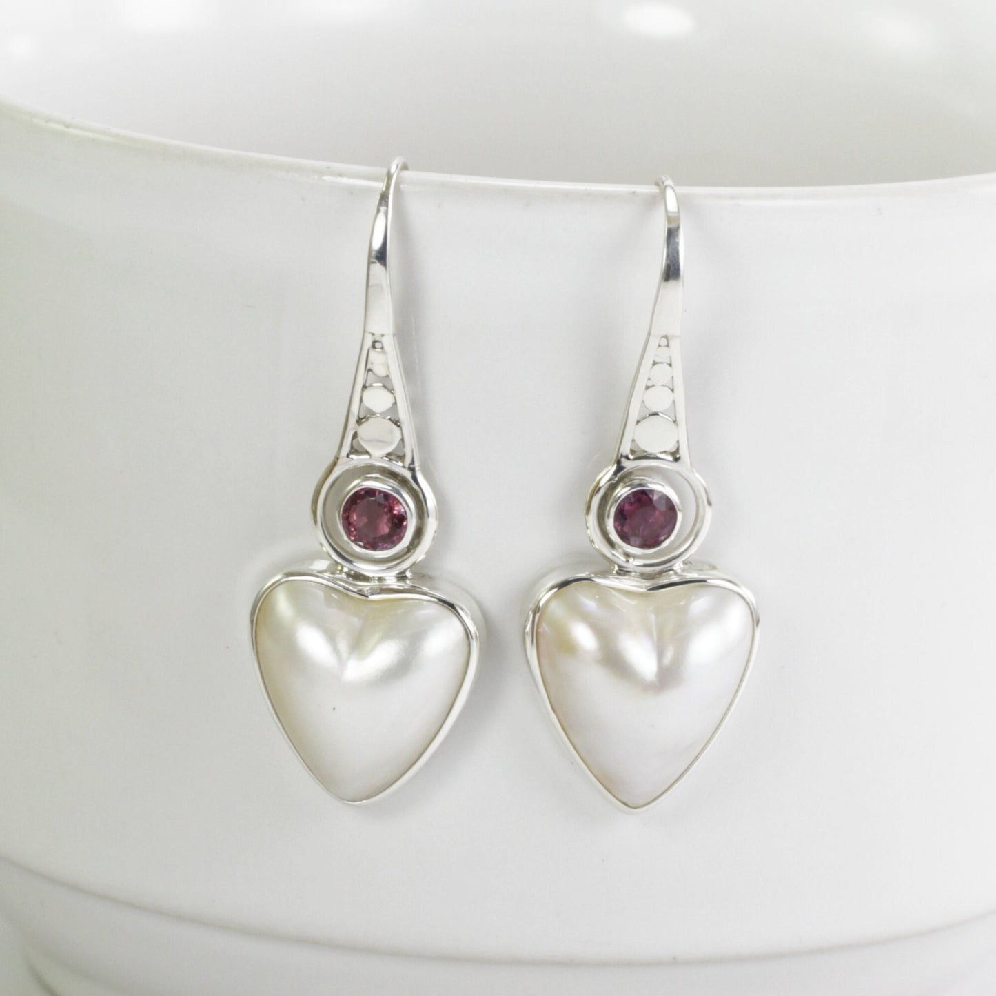 mabe pearl earrings heart shape set in 925 sterling silver with genuine pink tourmaline