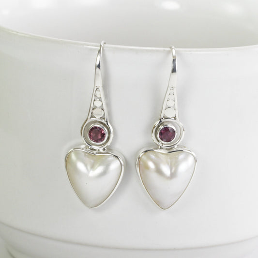 mabe pearl earrings heart shape set in 925 sterling silver with genuine pink tourmaline