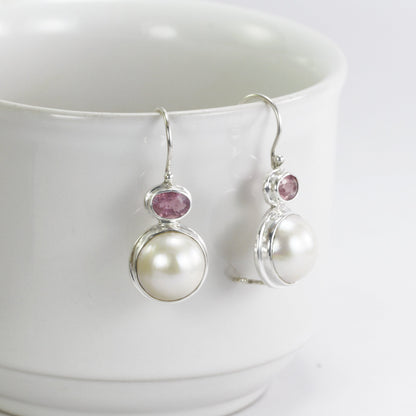 mabe pearl stud earrings set in 925 sterling silver with genuine pink tourmaline