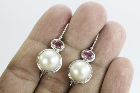 mabe pearl stud earrings set in 925 sterling silver with genuine pink tourmaline