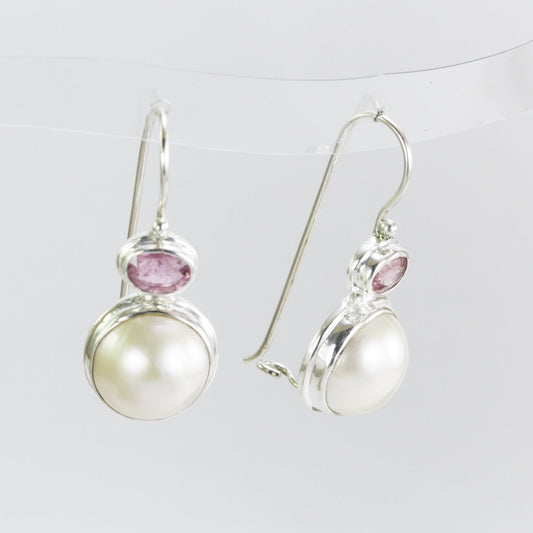 mabe pearl stud earrings set in 925 sterling silver with genuine pink tourmaline