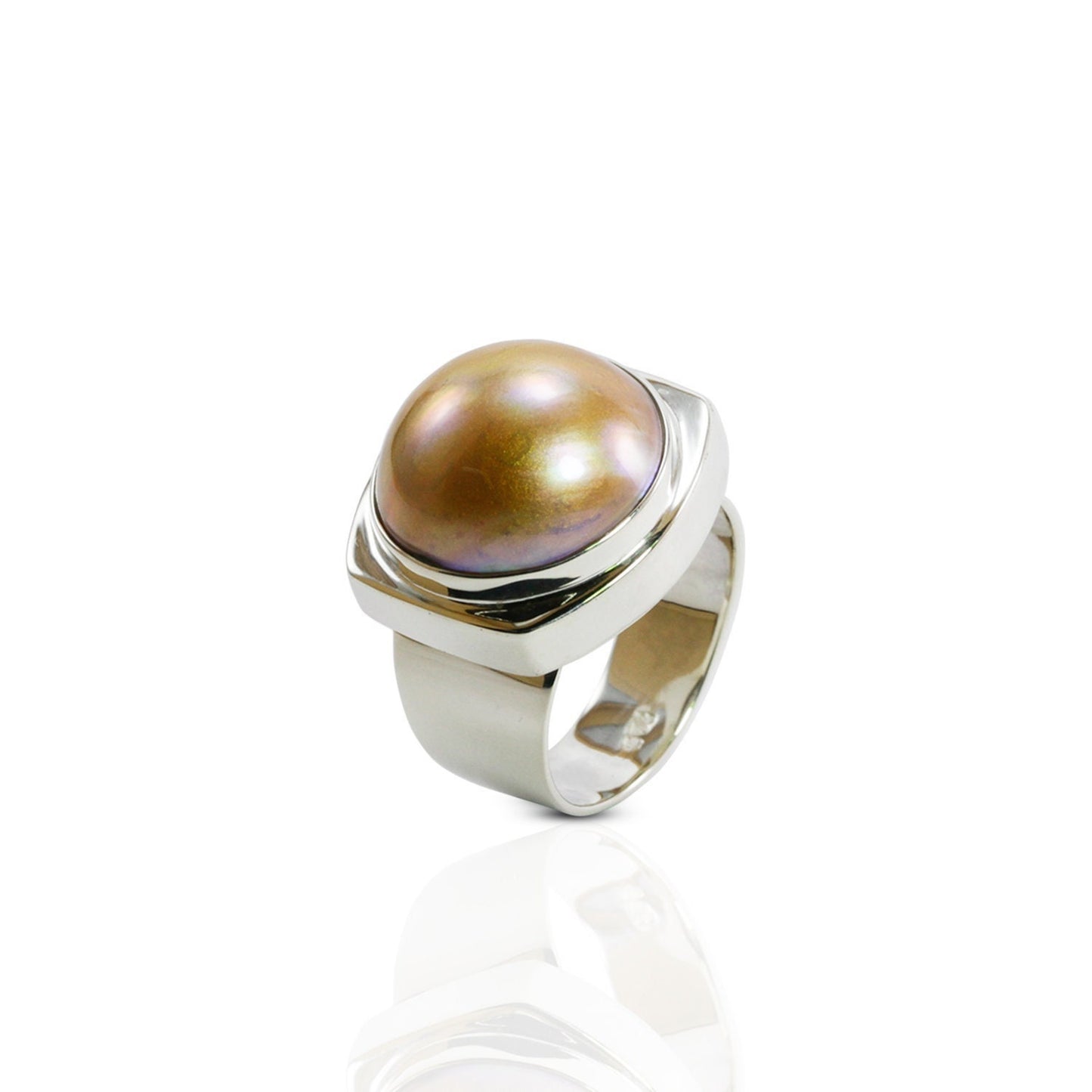 Rare round Golden mabe pearl 16 mm set in 925 sterling silver ring, handmade wide band ring with gold mabe pearl