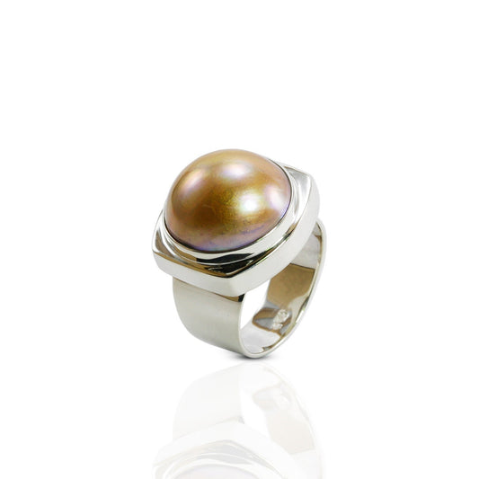 Rare round Golden mabe pearl 16 mm set in 925 sterling silver ring, handmade wide band ring with gold mabe pearl