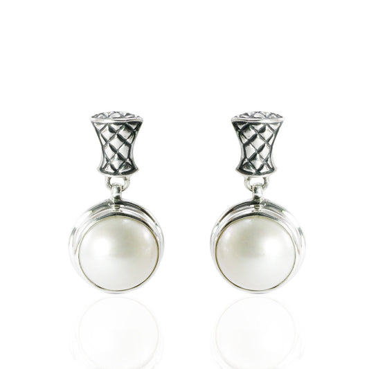 white mabe pearl earrings set in 925 Sterling silver dangle drop