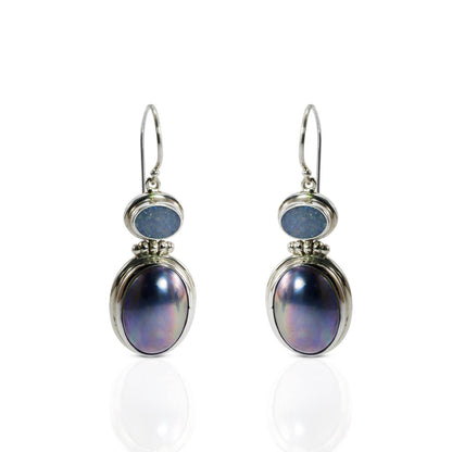 oval mabe pearl earrings 925 sterling silver with Australian opal dangle earrings
