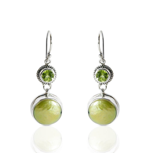 green peridot earrings set in 925 sterling silver with green baroque pearl