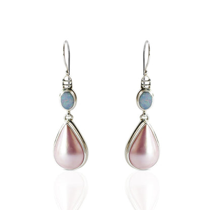 pink mabe pearl earrings 925 sterling silver with genuine opal, teardrop pearl earrings