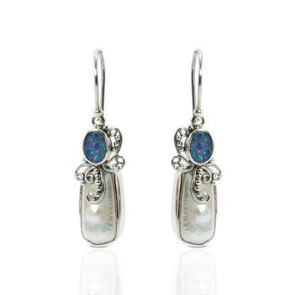 Beautiful dangle drop earrings with natural Australian fire opal and genuine baroque pearl set in handmade 925 sterling silver leaf