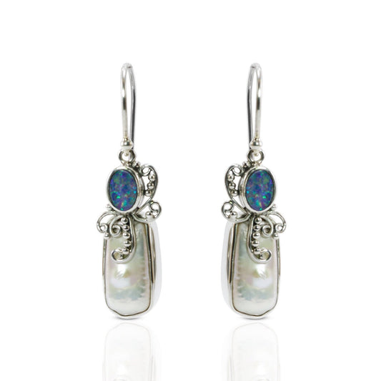 Beautiful dangle drop earrings with natural Australian fire opal and genuine baroque pearl set in handmade 925 sterling silver leaf
