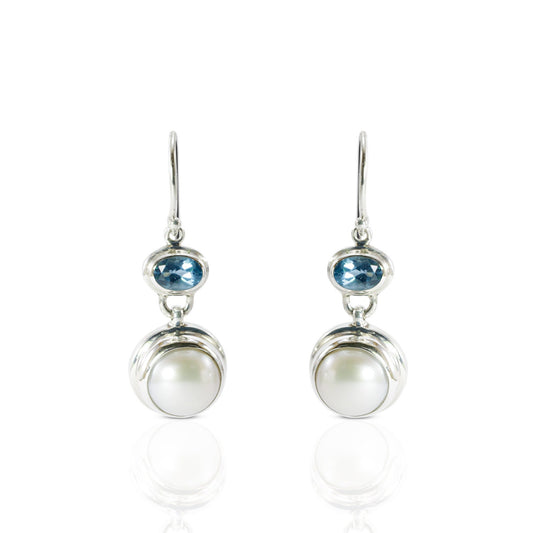 freshwater pearl earrings set in 925 sterling silver with genuine blue topaz