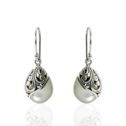 teardrop earrings 925 sterling silver decorated with white shell and filigree ornament