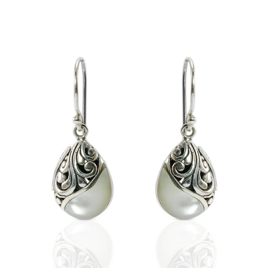 teardrop earrings 925 sterling silver decorated with white shell and filigree ornament