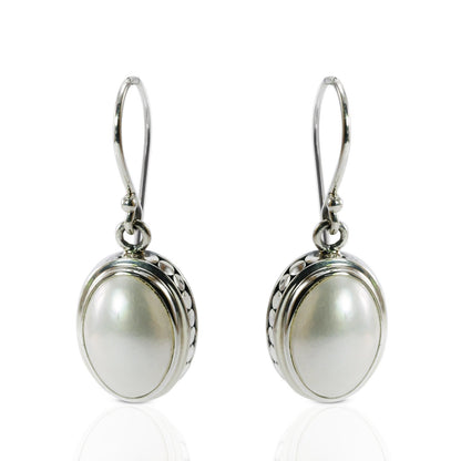 oval pearl earrings 925 sterling silver decorated with dot frame, mabe pearl earrings