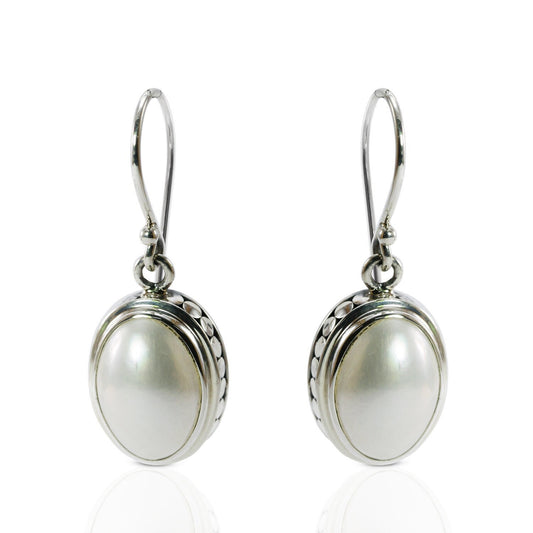 oval pearl earrings 925 sterling silver decorated with dot frame, mabe pearl earrings