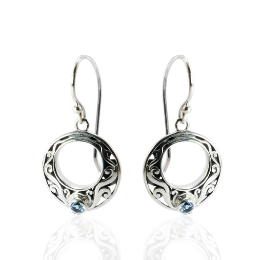 circle earrings with genuine swiss blue topaz set in 925 sterling silver decorated with Bali swirl filigree ornament