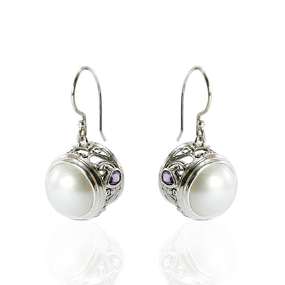 round white mabe pearl earrings decorated with genuine teardrop amethyst set in 925 sterling silver
