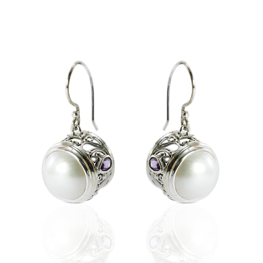 round white mabe pearl earrings decorated with genuine teardrop amethyst set in 925 sterling silver