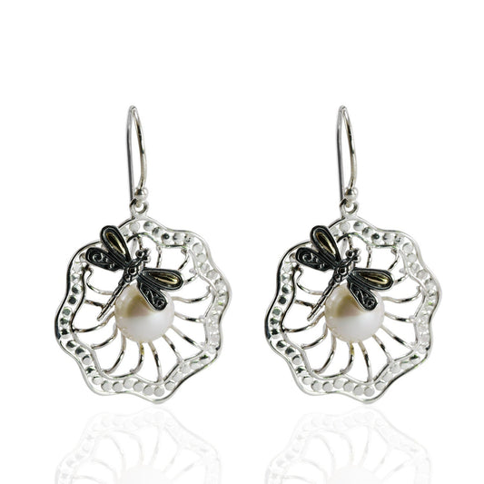 silver flower earrings 925 sterling silver with dragonfly ornament and fresh water pearl