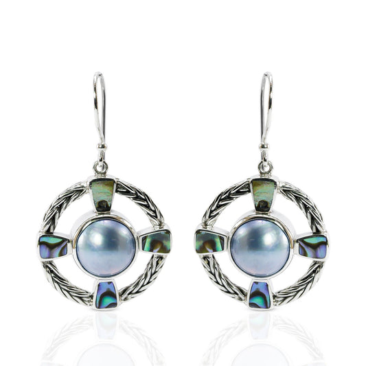 compass earrings 925 sterling silver with blue mabe pearl and paua shell