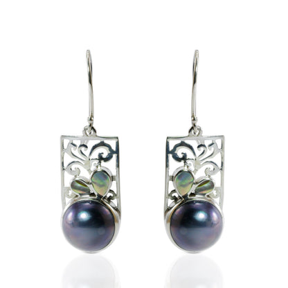 white mabe pearl earrings set in 925 sterling silver decorated with created opal and ornament filigree