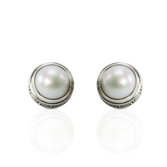 white mabe pearl stud earrings set in Bali handmade 925 sterling silver decorated with Bali line art 13 mm round