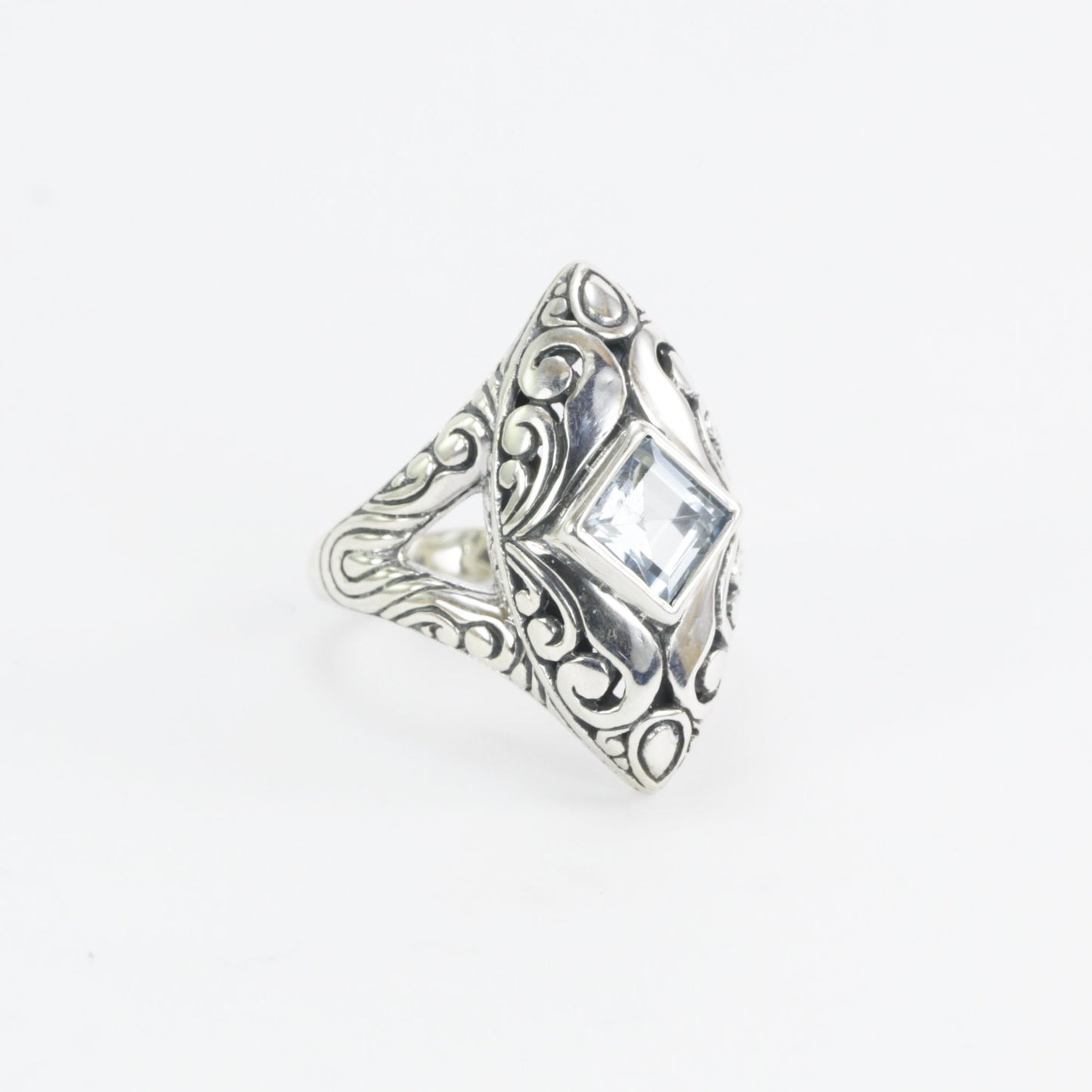 Marquise ring 925 sterling silver with genuine blue topaz decorated with swirl filigree