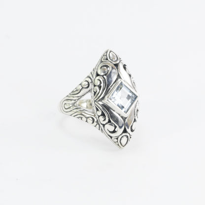 Marquise ring 925 sterling silver with genuine blue topaz decorated with swirl filigree