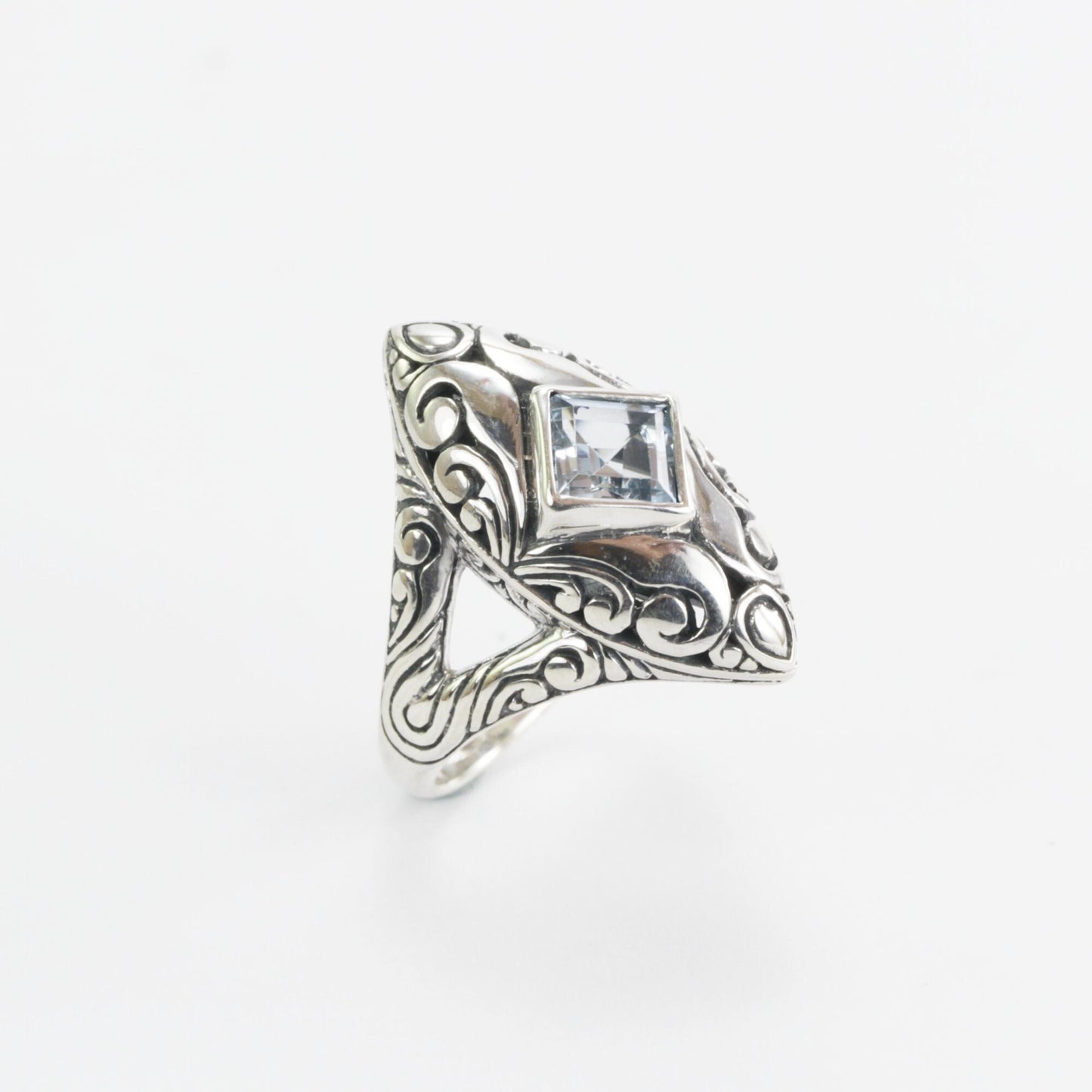 Marquise ring 925 sterling silver with genuine blue topaz decorated with swirl filigree