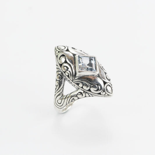 Marquise ring 925 sterling silver with genuine blue topaz decorated with swirl filigree