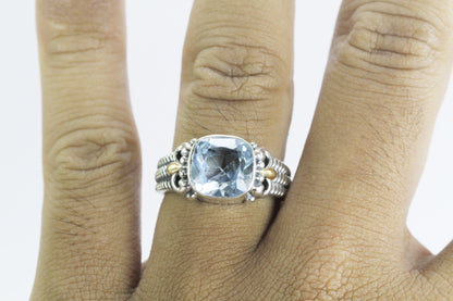 Blue Topaz Ring 925 sterling silver with 18k Gold accent and triple shank cable style