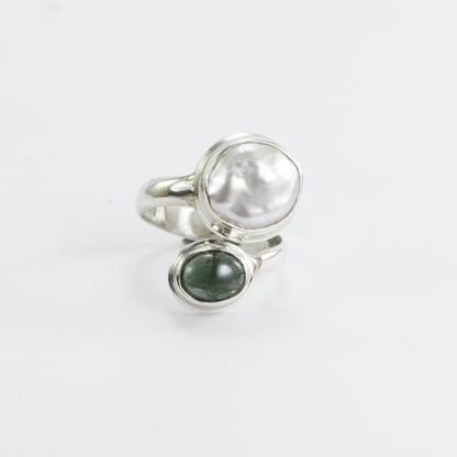 Bypass ring 925 sterling silver with biwa pearl and genuine green tourmaline bezel setting