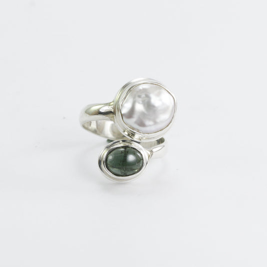Bypass ring 925 sterling silver with biwa pearl and genuine green tourmaline bezel setting
