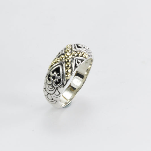 two tone ring for women 925 sterling silver decorated with antique art carving and 18K gold dot