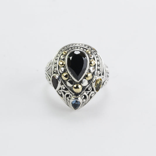 multi stone ring 925 sterling silver decorated with real 18K gold and handcrafted filigree art