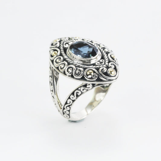 Blue topaz ring sterling silver 925, marquise ring with blue topaz, split shank ring, swirl filigree ring,