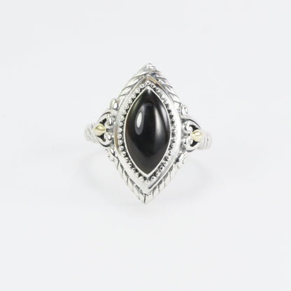 marquise shape ring in 925 sterling silver, two tone ring, cable shank ring, black shell ring