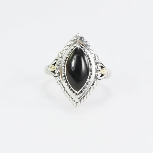 marquise shape ring in 925 sterling silver, two tone ring, cable shank ring, black shell ring