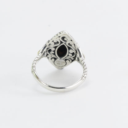 marquise shape ring in 925 sterling silver, two tone ring, cable shank ring, black shell ring