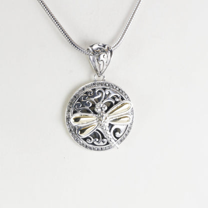 Dragonfly necklace pendant in 925 sterling silver, round silver pendant, two tone pendant