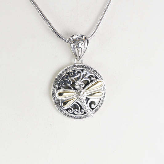 Dragonfly necklace pendant in 925 sterling silver, round silver pendant, two tone pendant