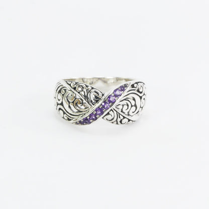 Wide band ring ring in 925 sterling silver, amethyst ring, swirl filigree ring,