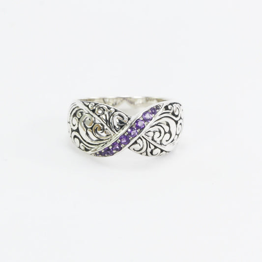 Wide band ring ring in 925 sterling silver, amethyst ring, swirl filigree ring,