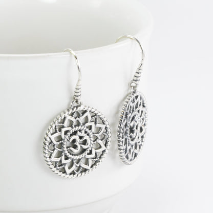 OM Earrings dangle in 925 sterling silver, lotus flower earrings, circle earrings dangle