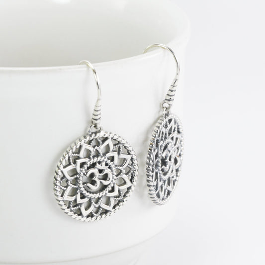 OM Earrings dangle in 925 sterling silver, lotus flower earrings, circle earrings dangle