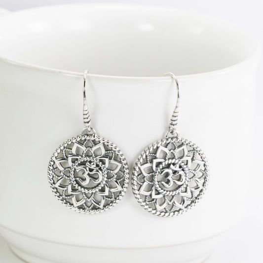 OM Earrings dangle in 925 sterling silver, lotus flower earrings, circle earrings dangle