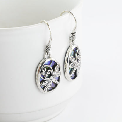 Abalone Shell earrings dangle set in 925 sterling silver, dragonfly earrings dangle